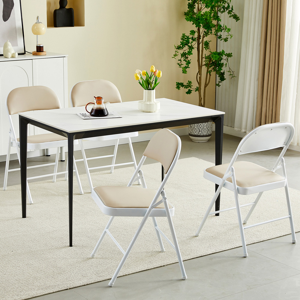 Set of 4 Beige Padded Folding Metal Dining Chairs Image 5