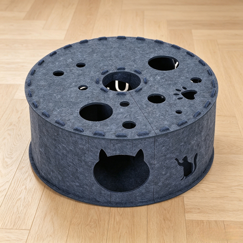 H&O Direct 2-Tier Grey Donut Shape Round Felt Cat House Image 5