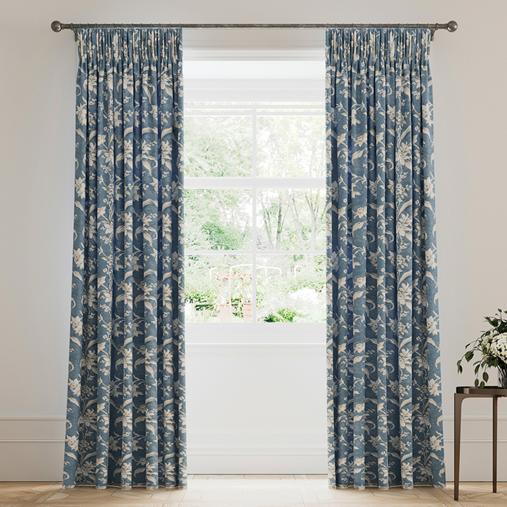 V&A Daffodil Dreams Blue Lined Blackout Pencil Pleat Curtains 229 x 137cm Image 1