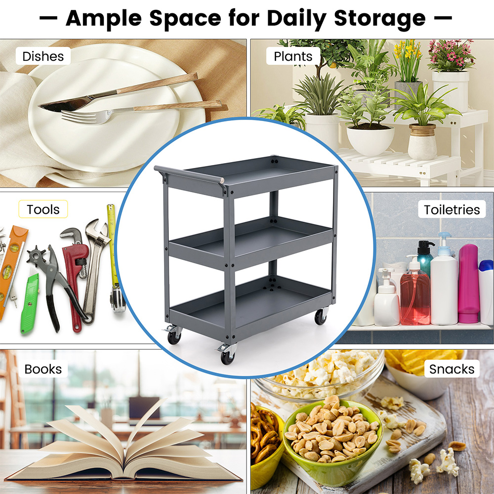 Costway 3 Shelf Grey Metal Utility Cart Image 5