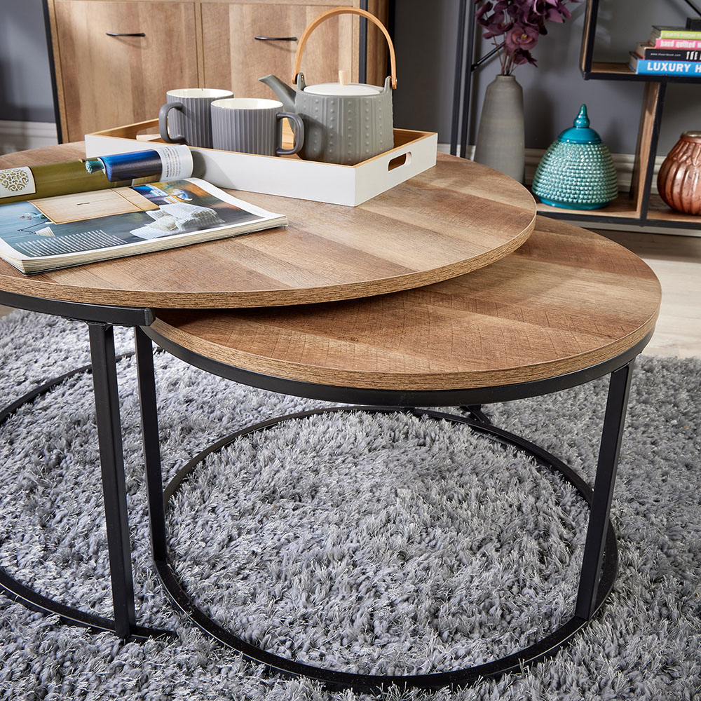 Home Source Oakmere Black and Oak Effect Round Nest of Tables Set of 2 Image 3
