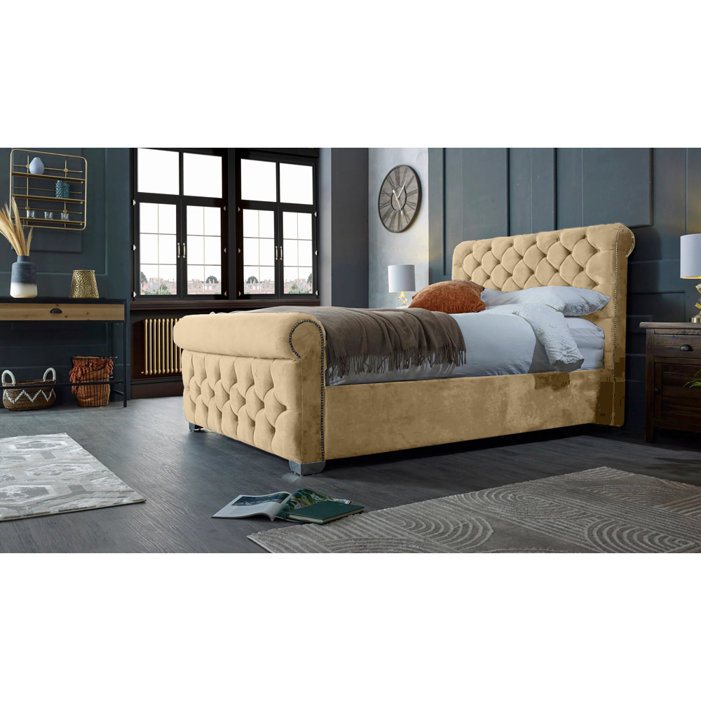 Eleganza Home Veneta Double Beige Plush Velvet Bed Frame with Chesterfield Headboard Image 5