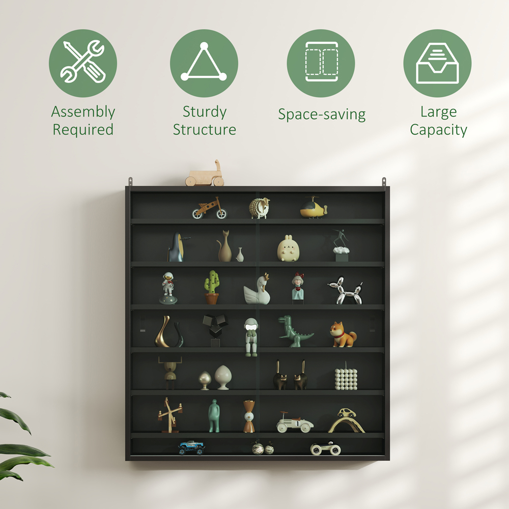 HOMCOM 7-Tier Glass Doors Black Wall Display Cabinet Image 6