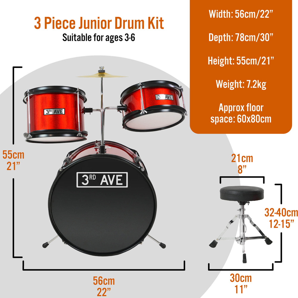 3RD AVENUE 3 Piece Red Beginner Drum Kit Image 4