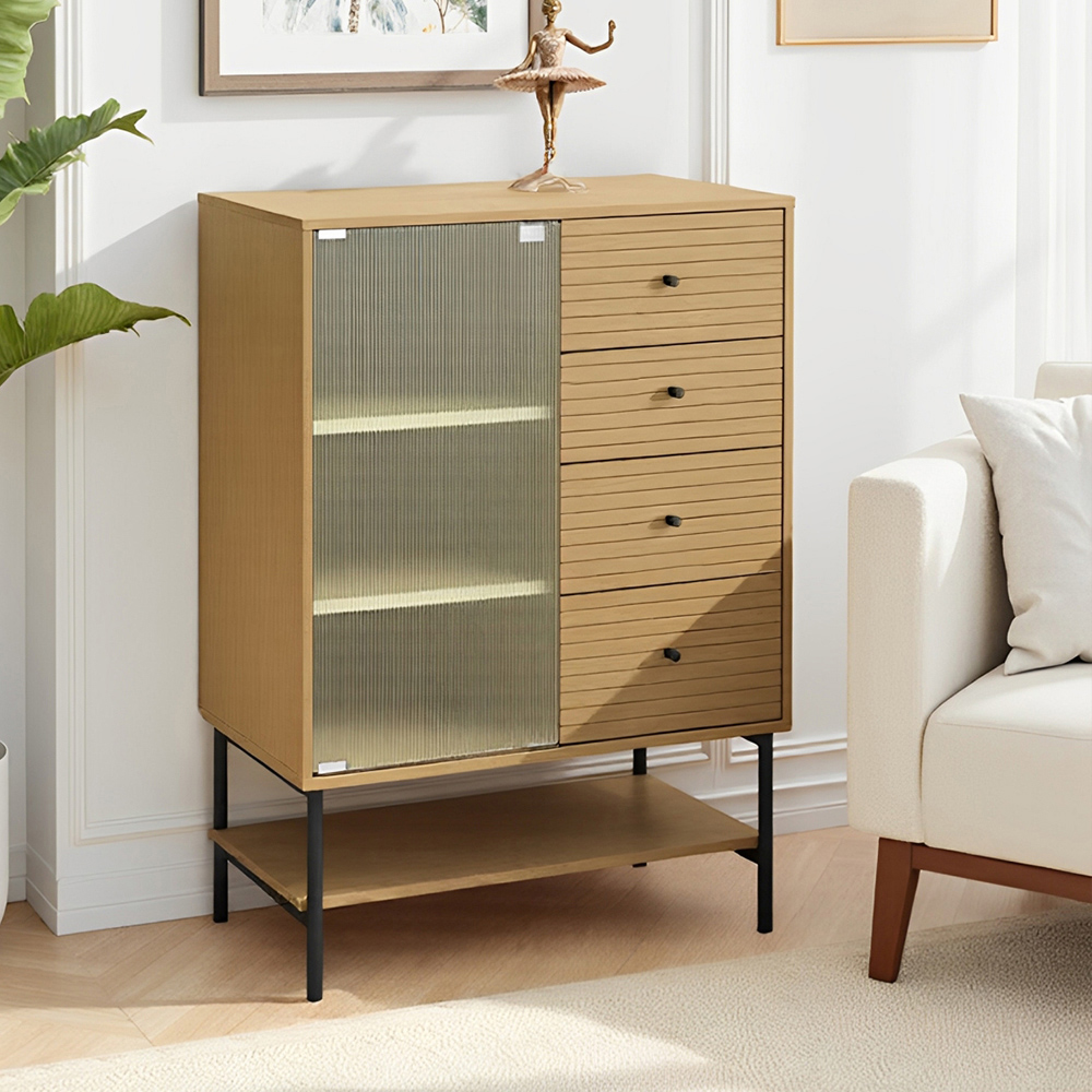 H&O Direct Single Door 4 Drawer Single Shelf Fluted Glass Wooden Storage Cabinet Image 6
