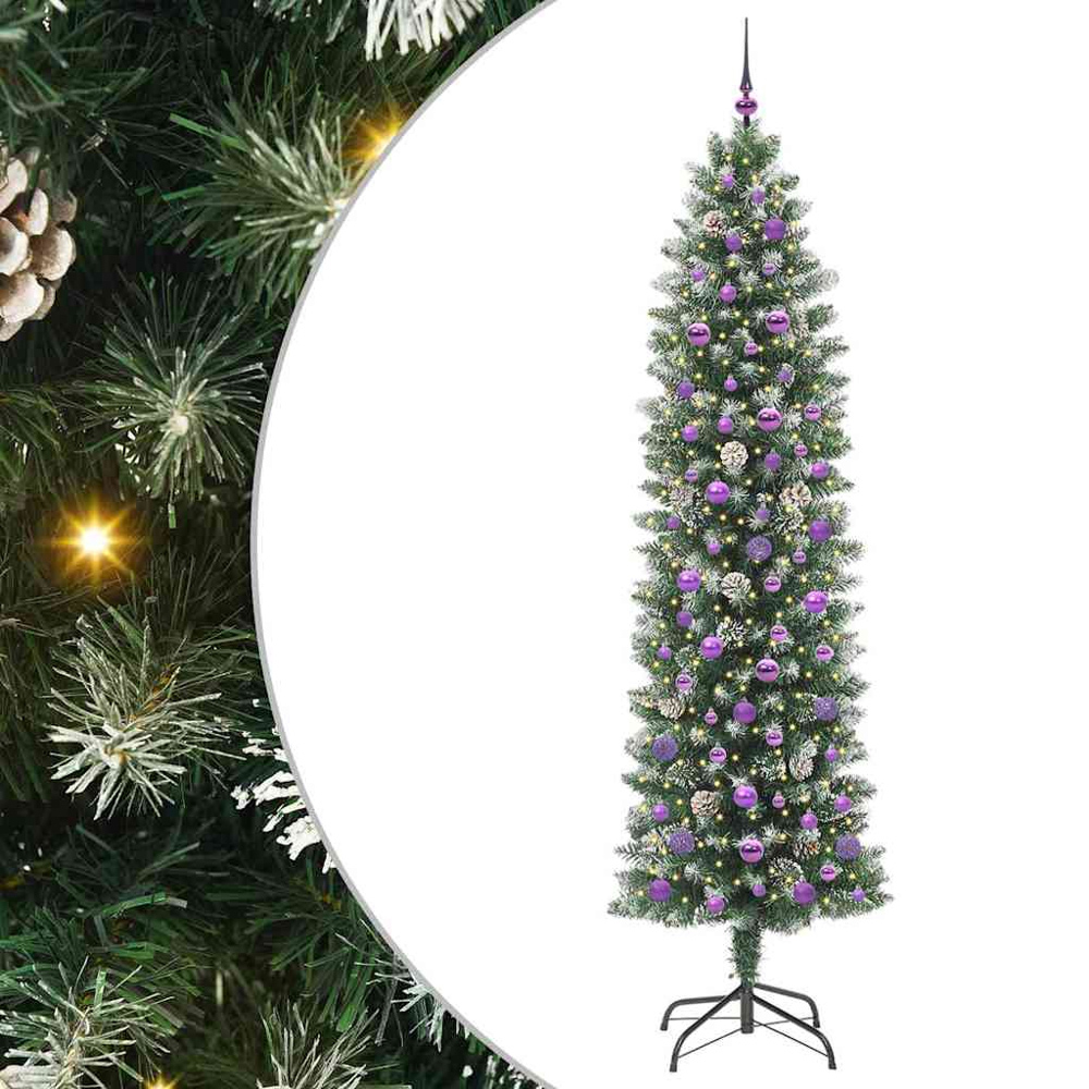 vidaXL Pre-Lit Warm White LED and Lilac Baubles Green Slim Artificial Christmas Tree 8ft Image 7