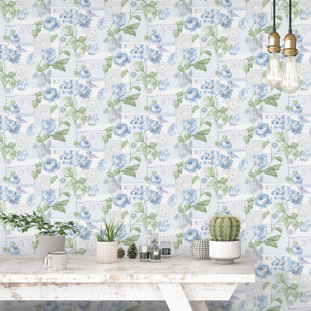 Galerie Country Cottage Whimsical Blue Green and Grey Wallpaper Image 2