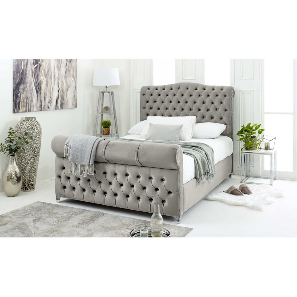 Eleganza Maynard Super King Size Silver Plush Velvet Bed Frame with Matching Buttons Image 2