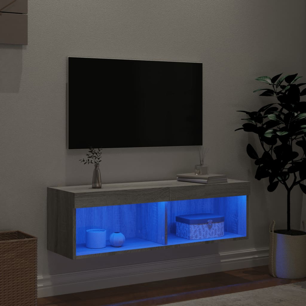 vidaXL 2 Shelf Grey Sonoma Wall Mounted TV Cabinet with LED Lights Image 9