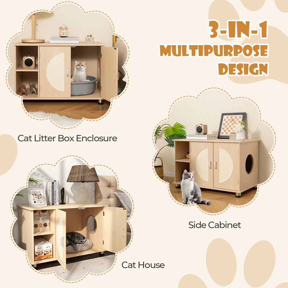 Costway Natural Cat Litter Box Enclosure with Sisal Scratching Doors Image 6