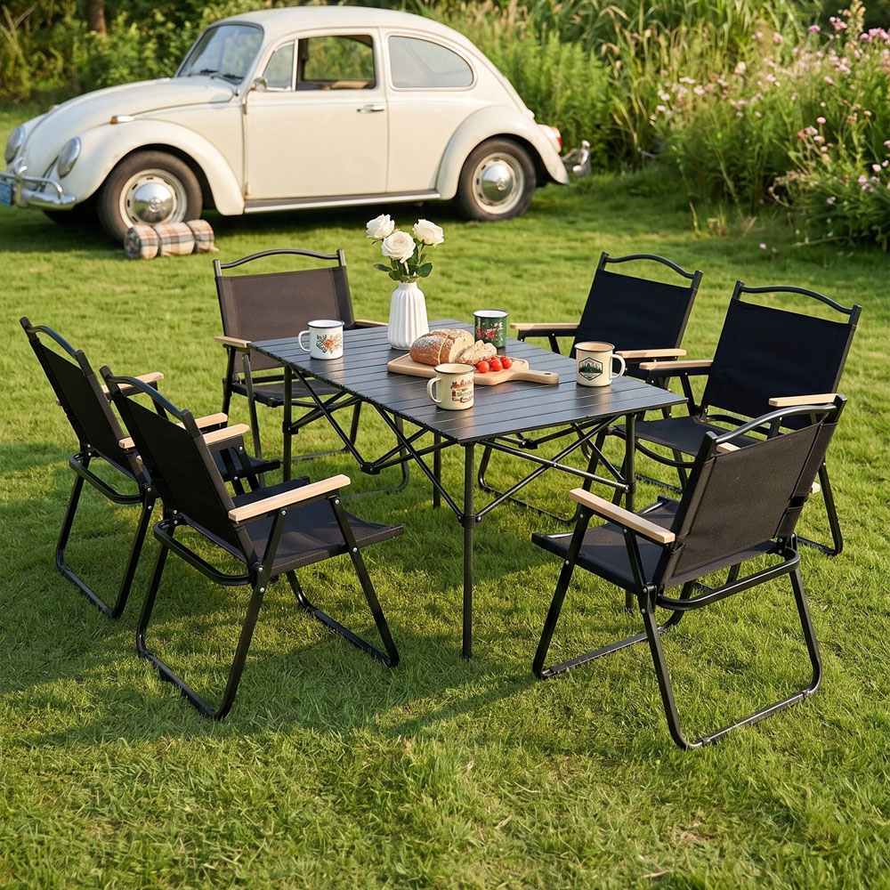 Living and Home 6 Seater 120cm Black Foldable Camping Table and Chair Set Image 7