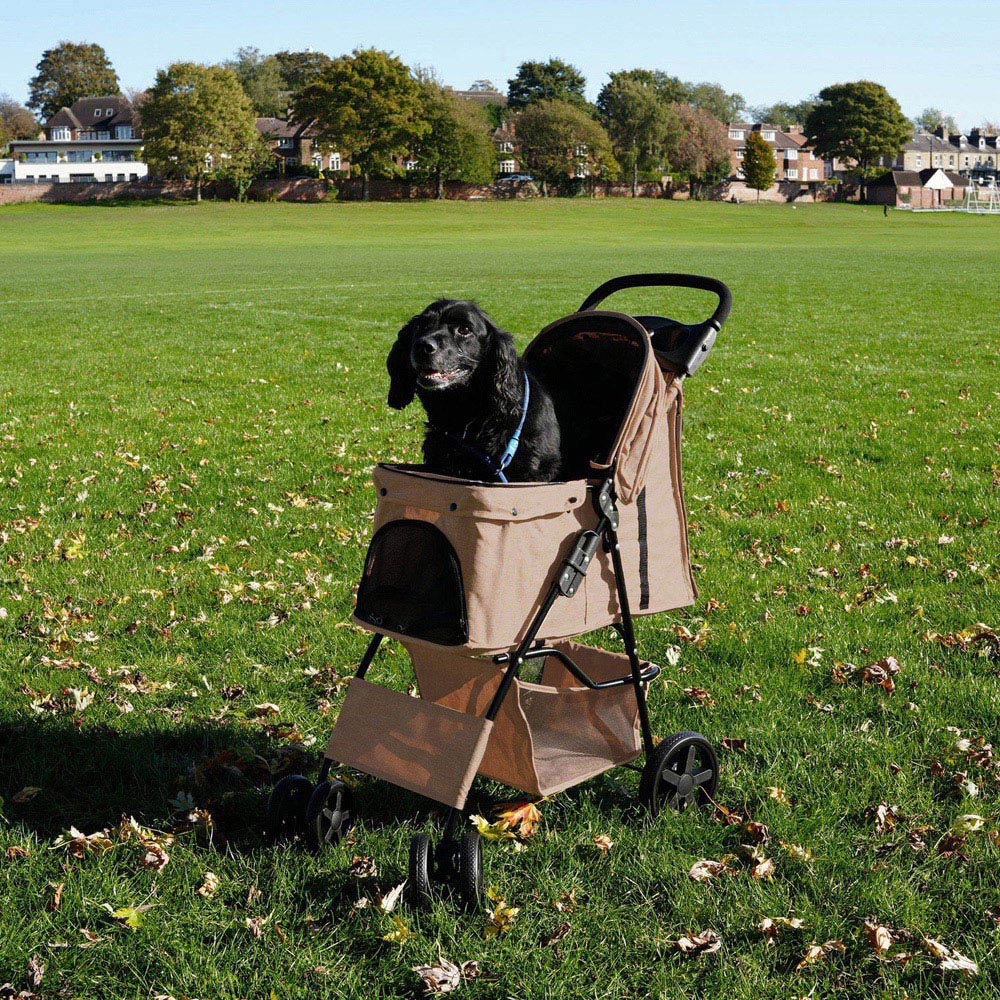 Monstershop Woven Beige Pet Stroller with Rain Cover Image 2