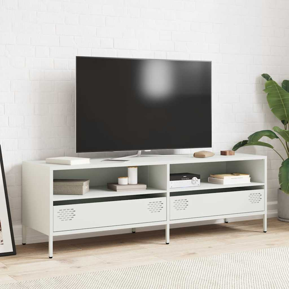 vidaXL 2 Drawer 2 Shelf White Steel Wide TV Cabinet Image 8