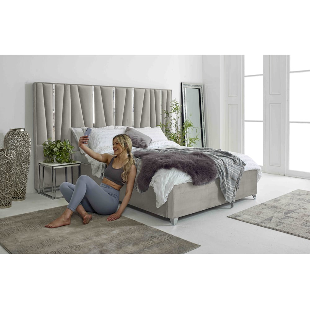 Eleganza Mila Small Double Silver Plush Velvet Bed Frame with Lined Headboard Image 7