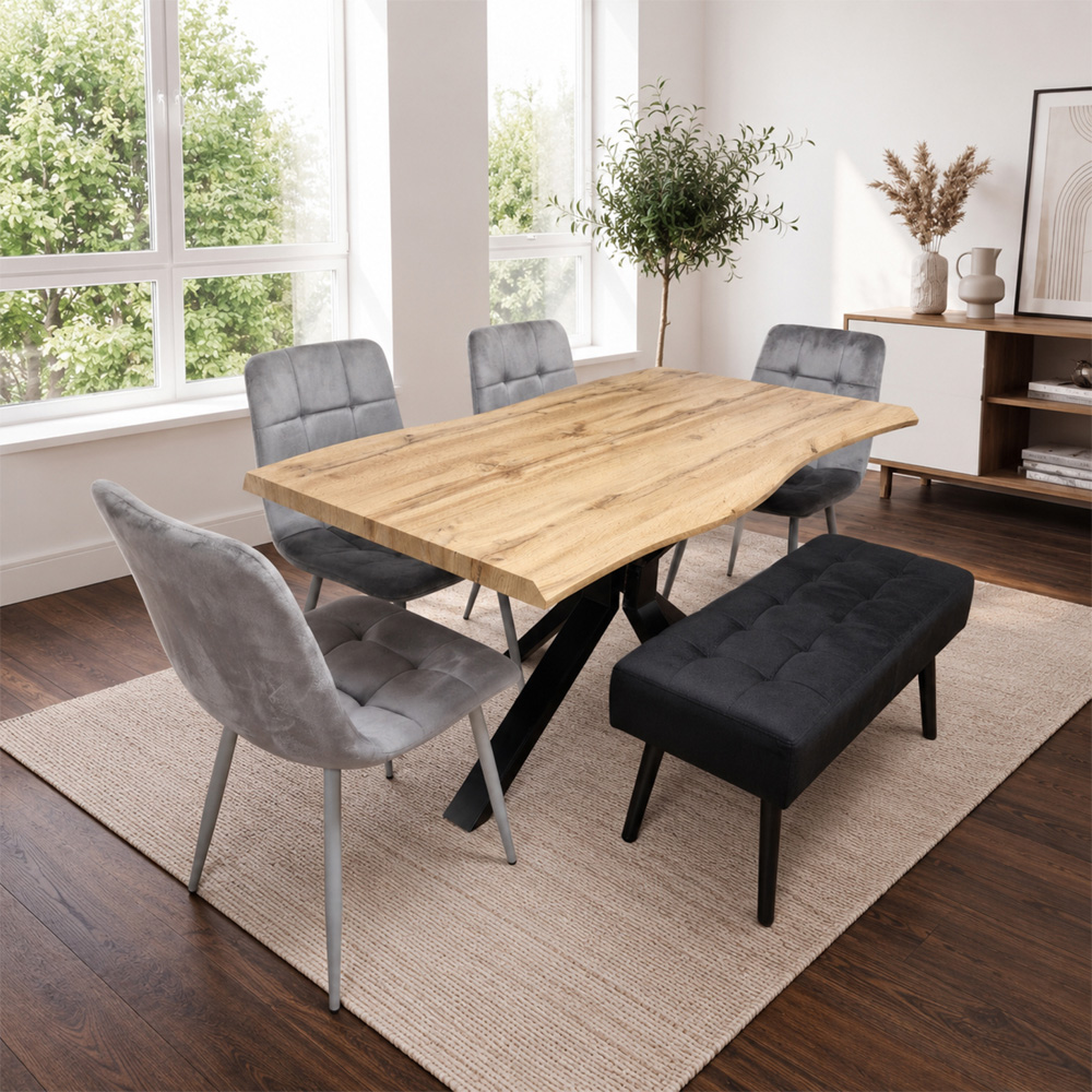 Portland 6 Seater Grey and Black MDF Dining Set with Velvet Chairs and Bench Image 1