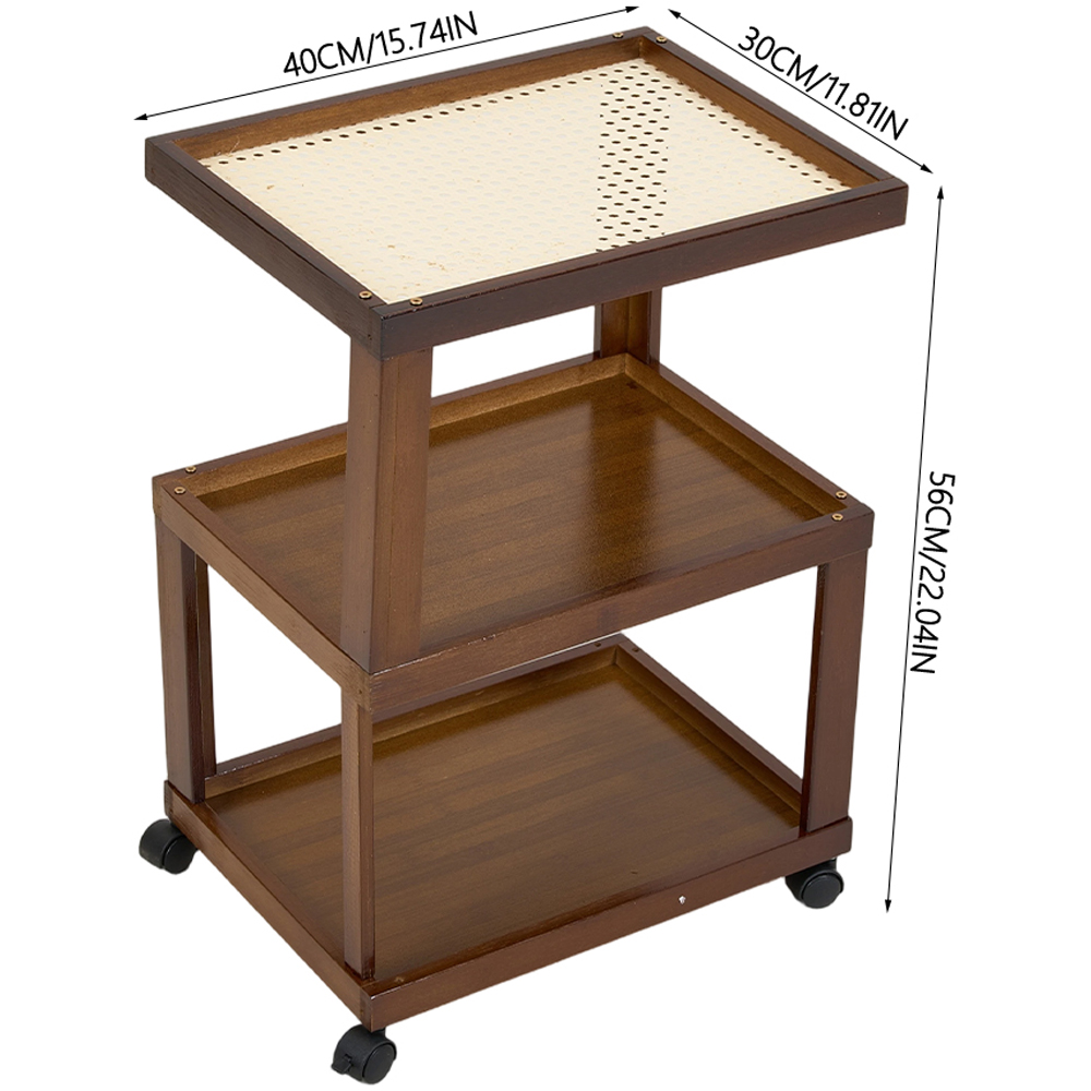 Living and Home 3-Tier Brown Bamboo Faux Rattan Top Side Table with Lockable Castors Image 9