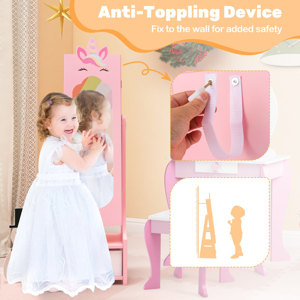 Costway Single Drawer Pink Kids Jewellery Cabinet with Full-Length Mirror Image 5