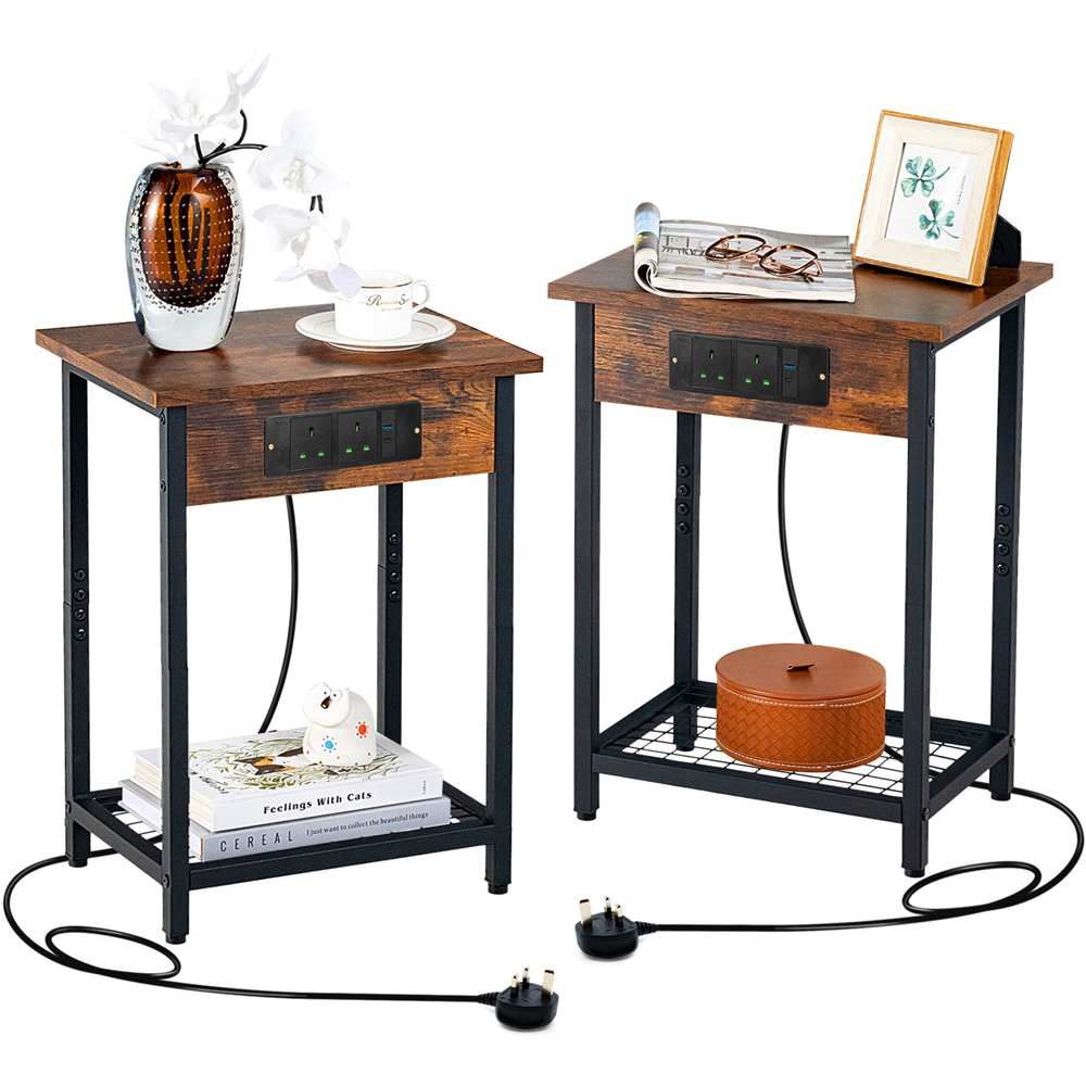 Costway Single Shelf Bedside Table with Charging Station Set of 2 Image 3