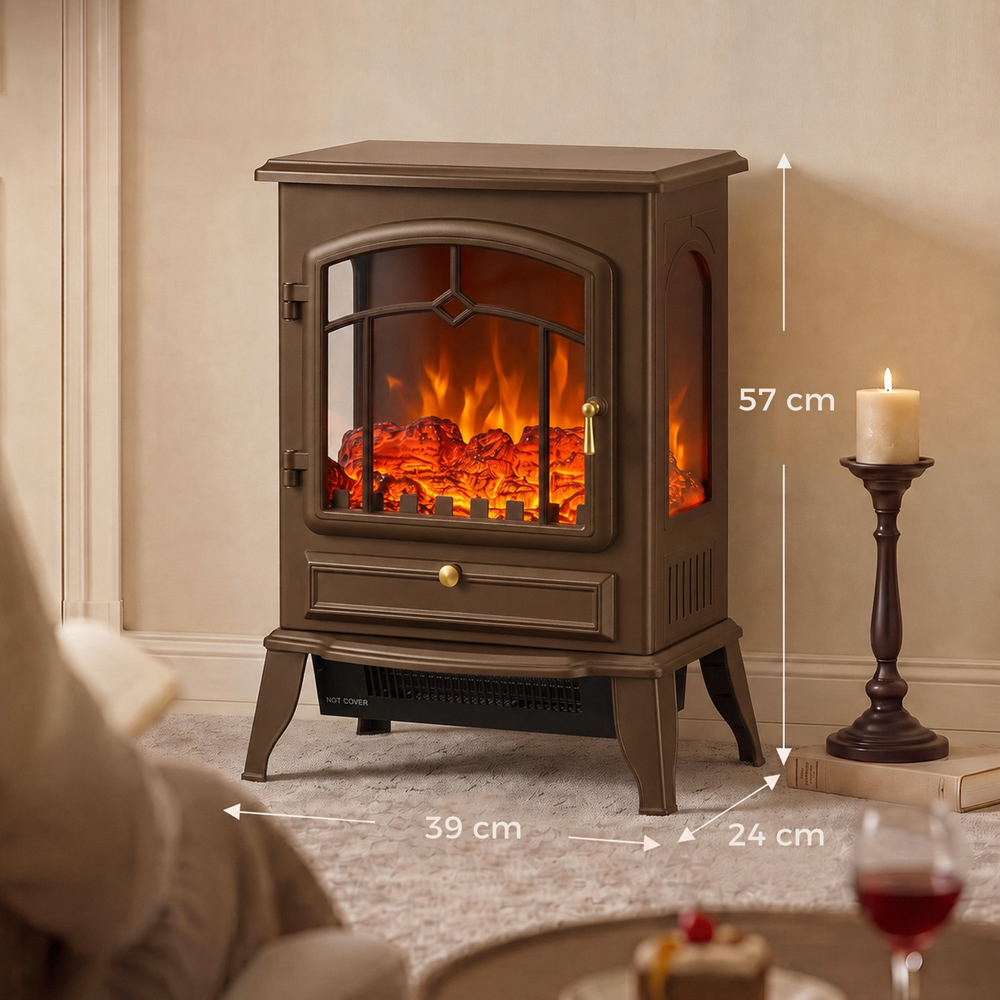 HOMCOM 3-Sided Brown Electric Fireplace Stove with Realistic Log Flame Effect Image 7