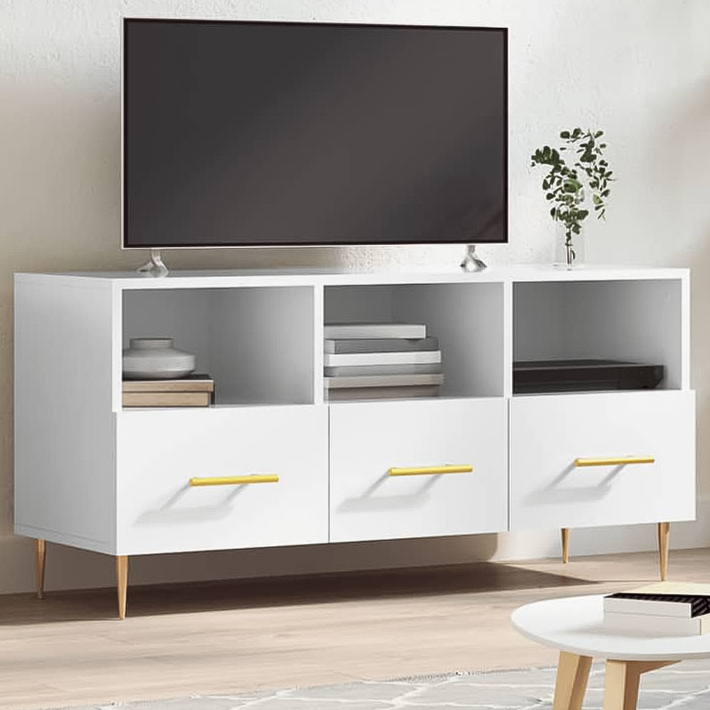 vidaXL 3 Drawer 3 Shelf High Gloss White TV Cabinet Image 1