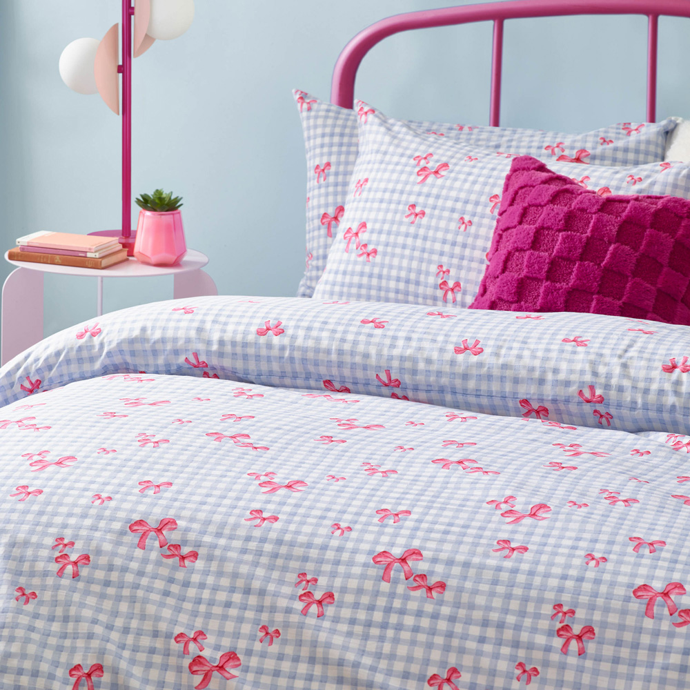 Heya Home Super King Size Gingham Bows Printed Blue Duvet Set Image 2