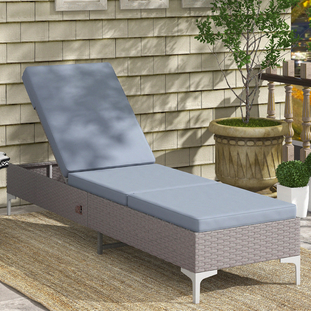 Outsunny Dark Grey PE Rattan Recliner Sun Lounger Image 1