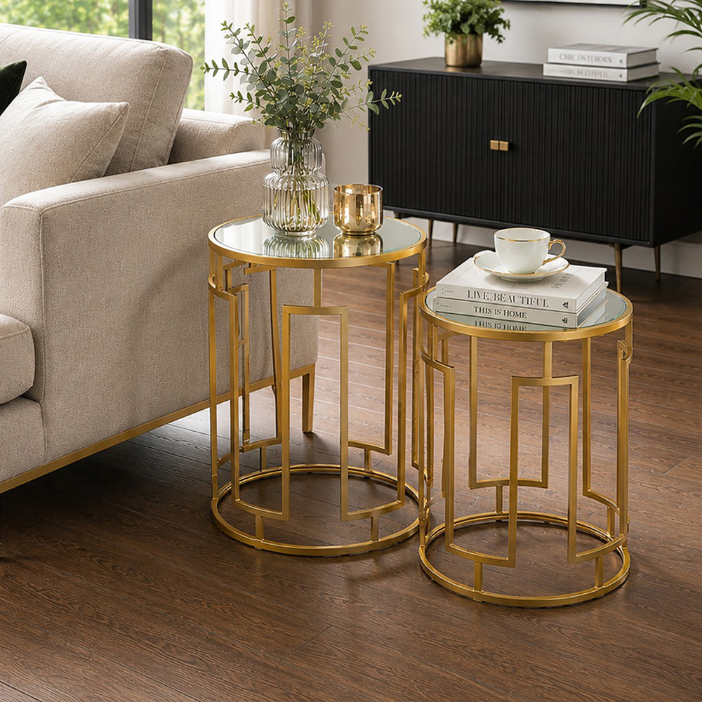 Premier Housewares Avantis Gold Openwork Design Mirrored Top Round Side Table Set of 2 Image 3