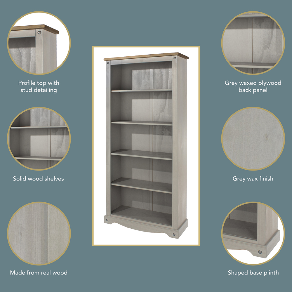 Corona 5 Shelf Grey Washed Wax Finish Tall Bookcase Image 5