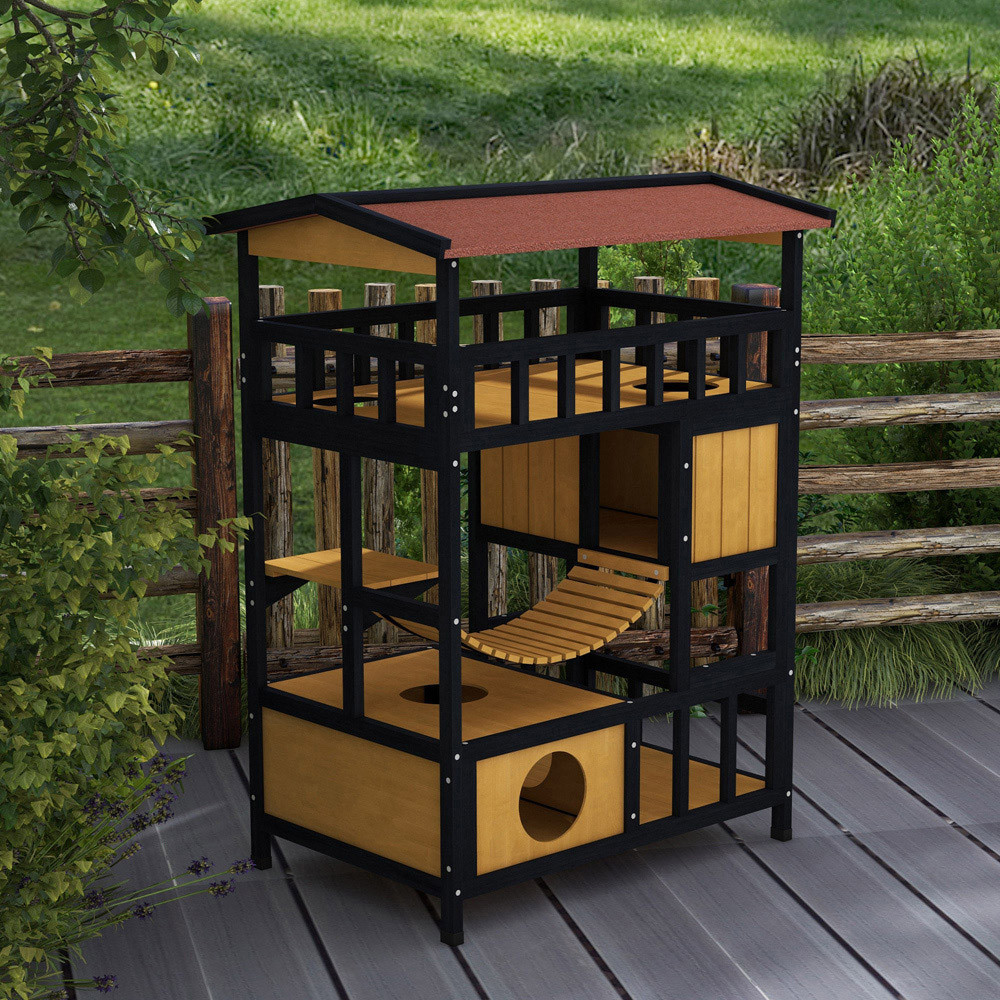 PawHut Outdoor Cat House with Suspension Bridge and Balcony Image 2