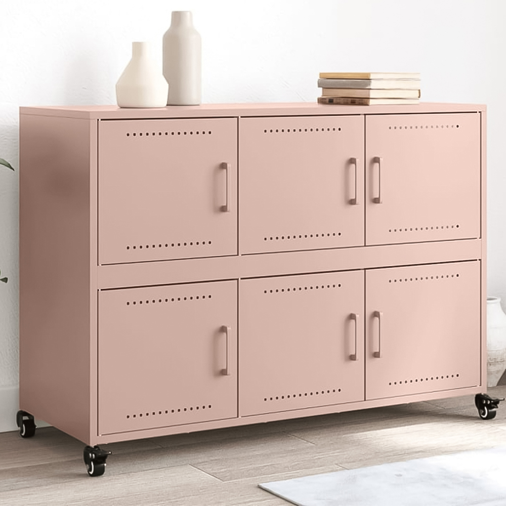 vidaXL 6 Door Pink Metal Sideboard with Wheels Image 1