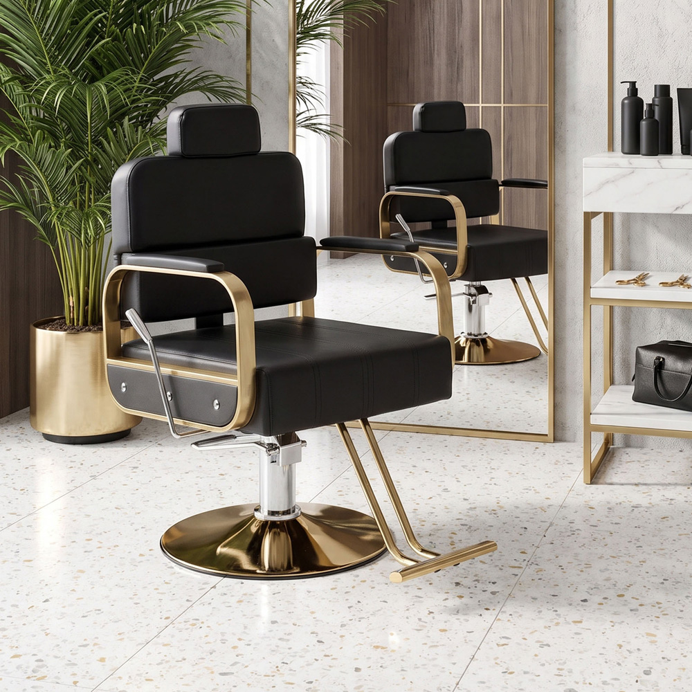 Living and Home Black and Gold Reclining Barber Chair with Hydraulic Lift Image 8