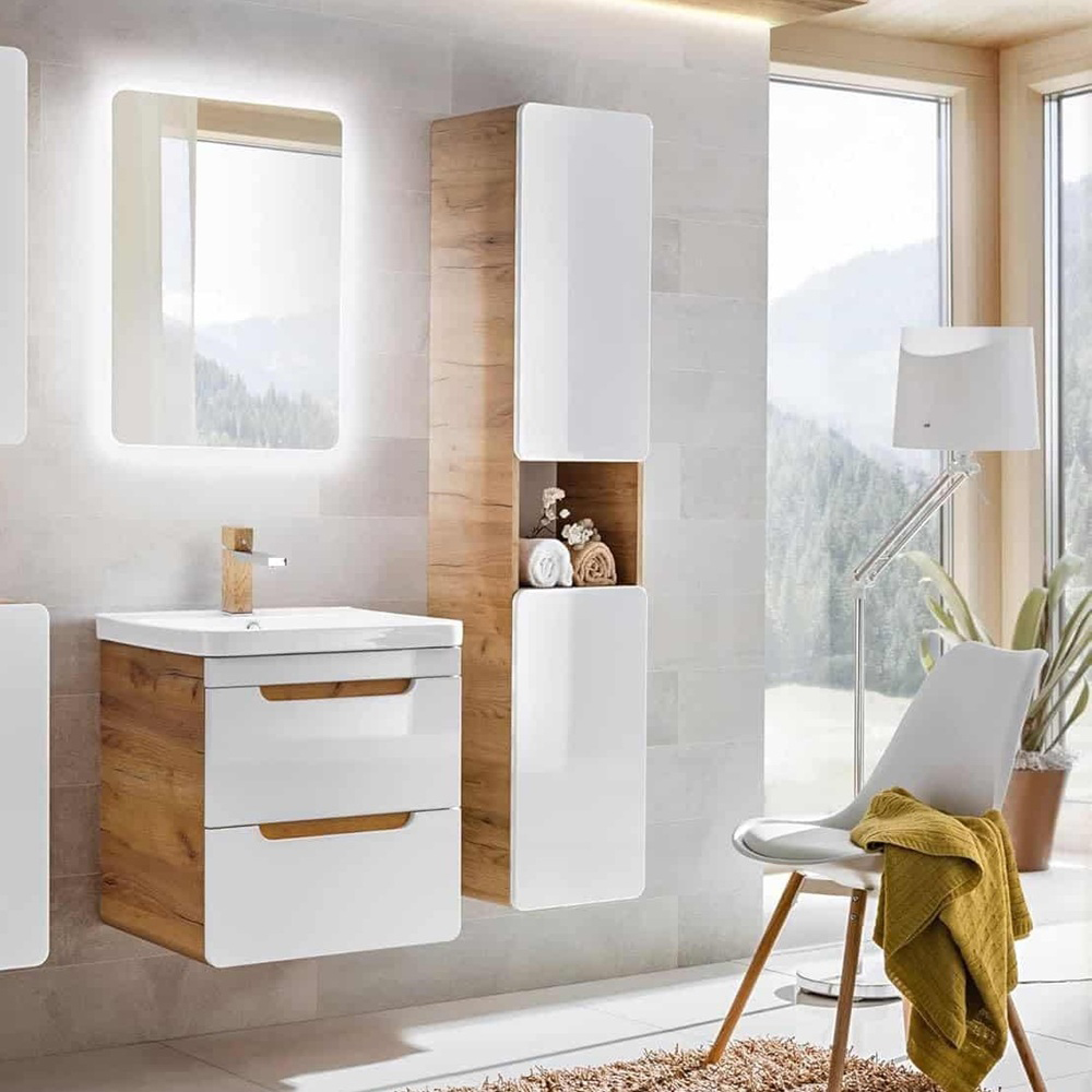 Impact Furniture Aruba White Gloss and Oak Wotan 4 Piece Floating Bathroom Furniture Set Image 5