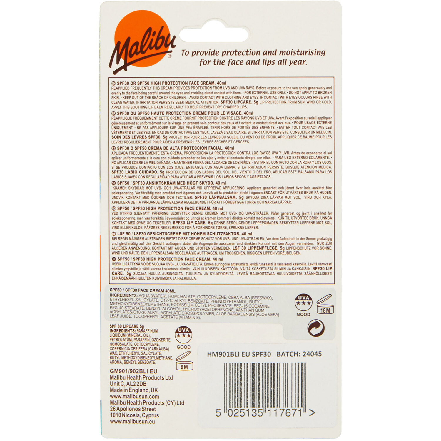 Malibu 30 SPF Face Cream and Lip Care Image 2