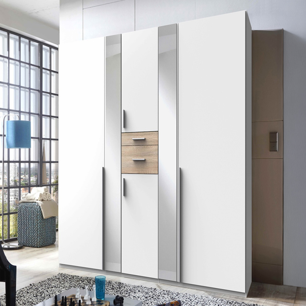 TJ'S Roma 4 Door 2 Drawer Matt White and Oak Wardrobe Image 1