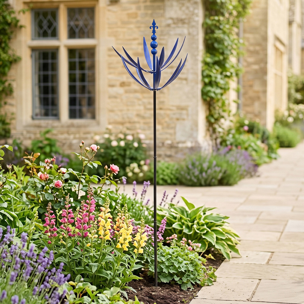 Living and Home Blue Metal Flower Wind Spinner with Double-Layer Petals Image 2