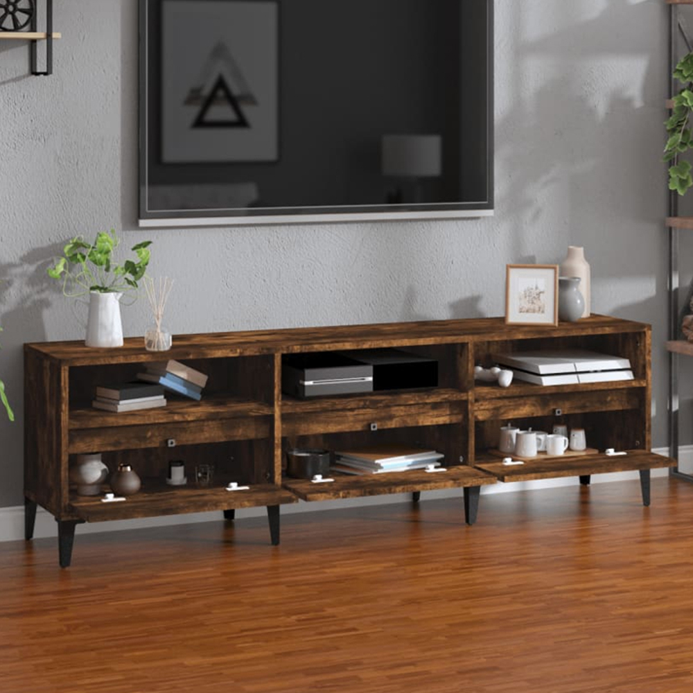 vidaXL 3 Drawer 3 Open Shelf Smoked Oak TV Cabinet with Black Legs Image 1