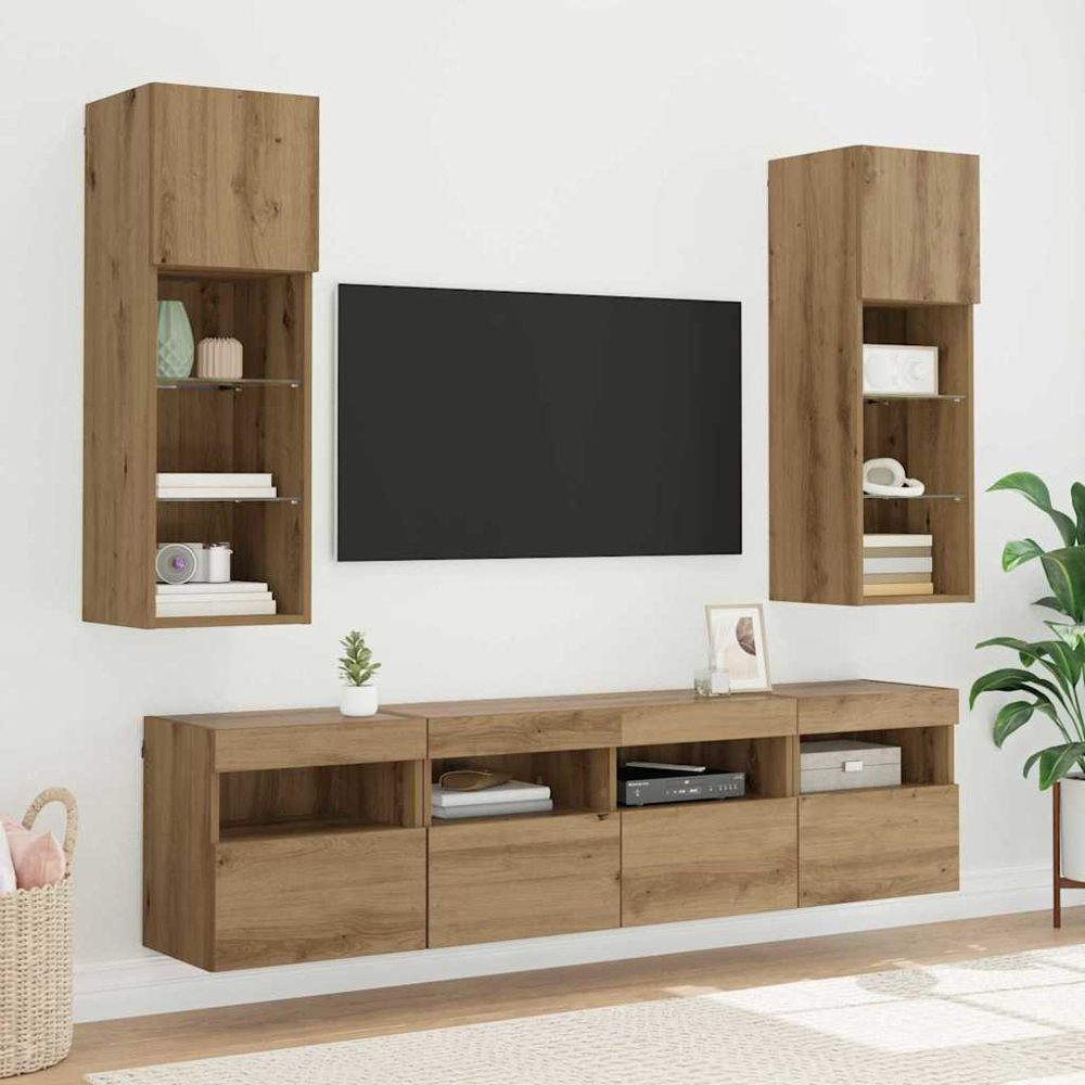 vidaXL Single Door Single Shelf Artisan Oak Wall Mounted TV Cabinet with LED Light 2 Pack Image 7