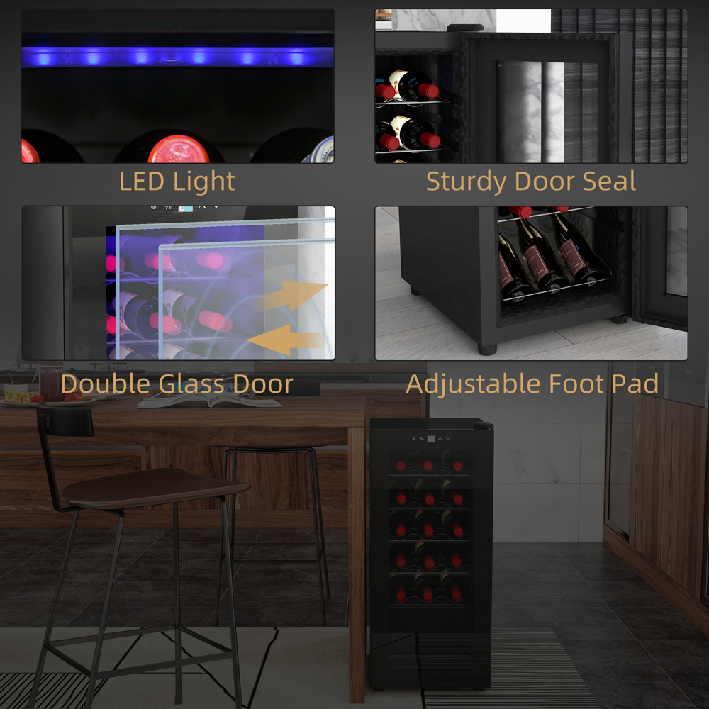 HOMCOM Black 18 Bottle Under-Counter Wine Cooler Fridge with LED Glass Door 50L Image 3