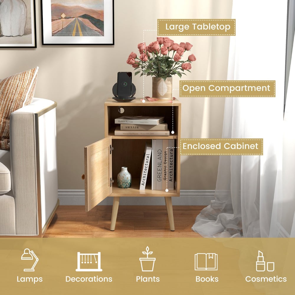 Costway Single Door Single Shelf Natural Rattan Nightstand Image 5