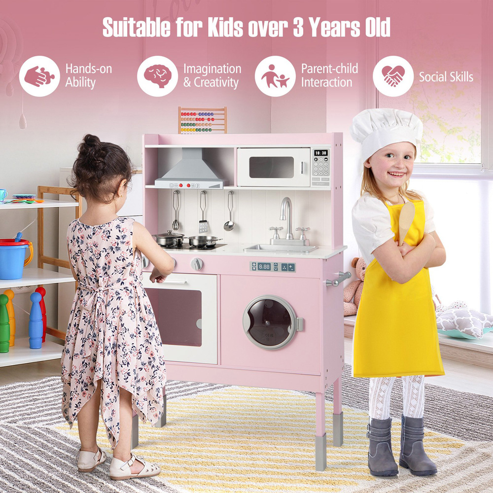 Costway Pink Kids Adjustable Wooden Kitchen Play Set with Washing Machine Image 4
