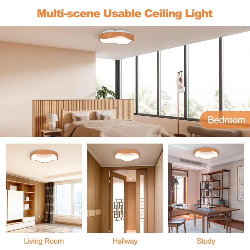 Costway Wood Pattern and Metal Frame Natural LED Mount Ceiling Light Image 7