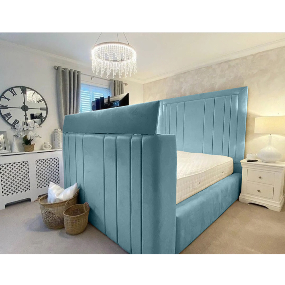 Eleganza Home Genna King Size Duck Egg Plush Velvet TV Bed Frame with Lined Headboard Image 3