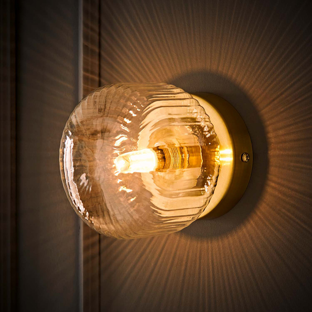 ValueLights Calpe Ribbed Clear Shade Brushed Gold Flush Wall Light with Bulb Image 2