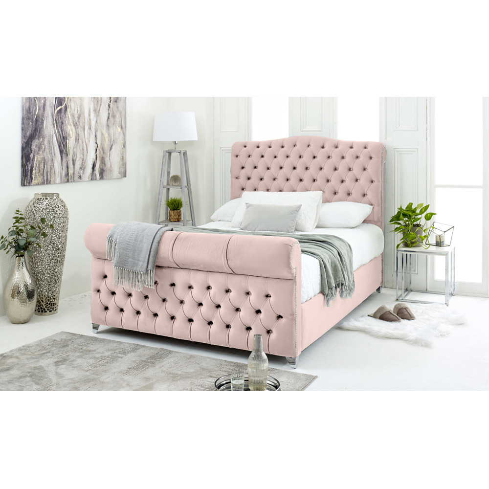 Eleganza Maynard Small Double Pink Plush Velvet Bed Frame with Matching Buttons Image 3