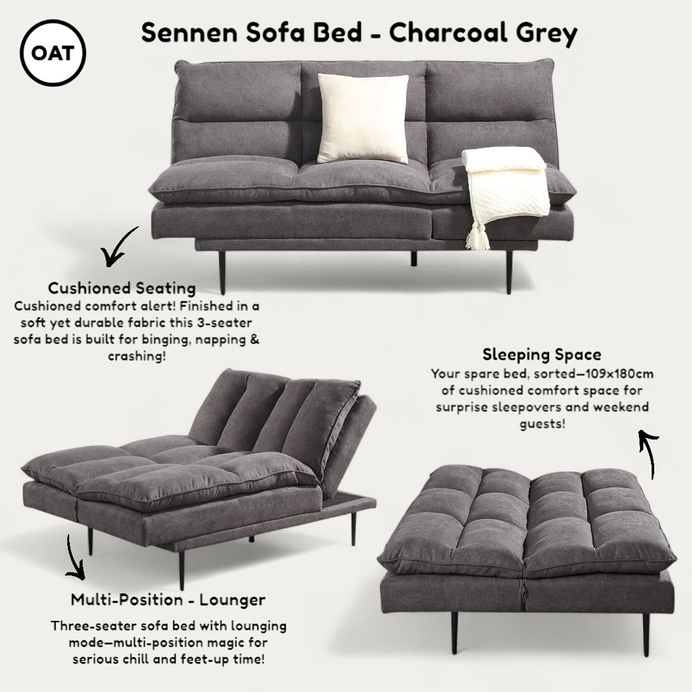 OAT Home Sennen 3 Seater Charcoal Grey Click Clack Sofa Bed Image 8