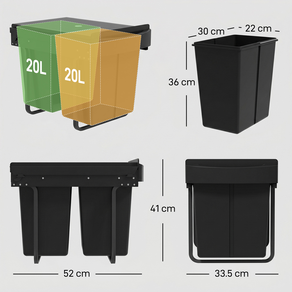 HOMCOM 2 Compartment Black Steel Pull Out Kitchen Recycling Cupboard Bin 40L Image 9