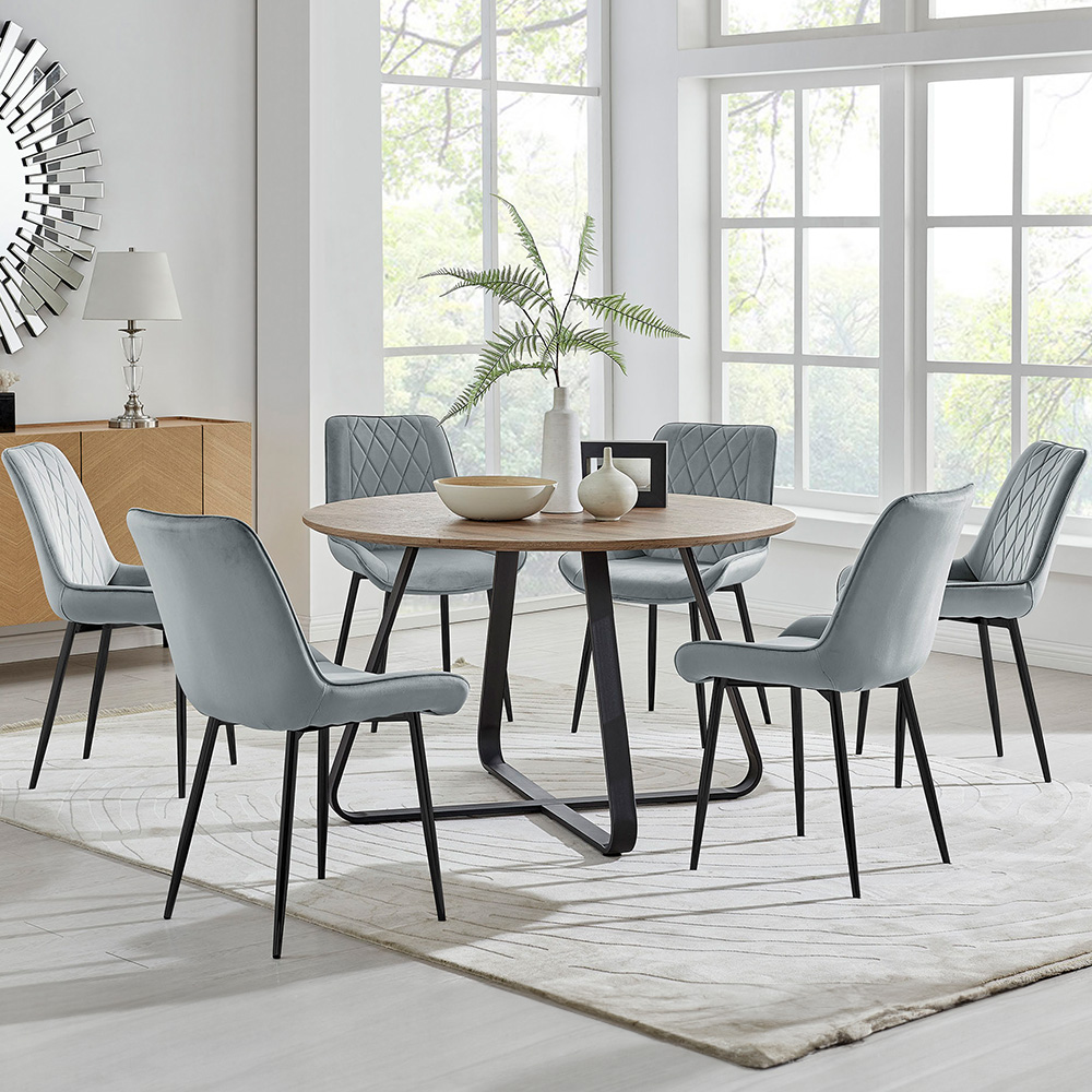 Furniturebox Fira Cesano Wood Effect 6 Seater Round Dining Set Brown Grey and Black Image 1