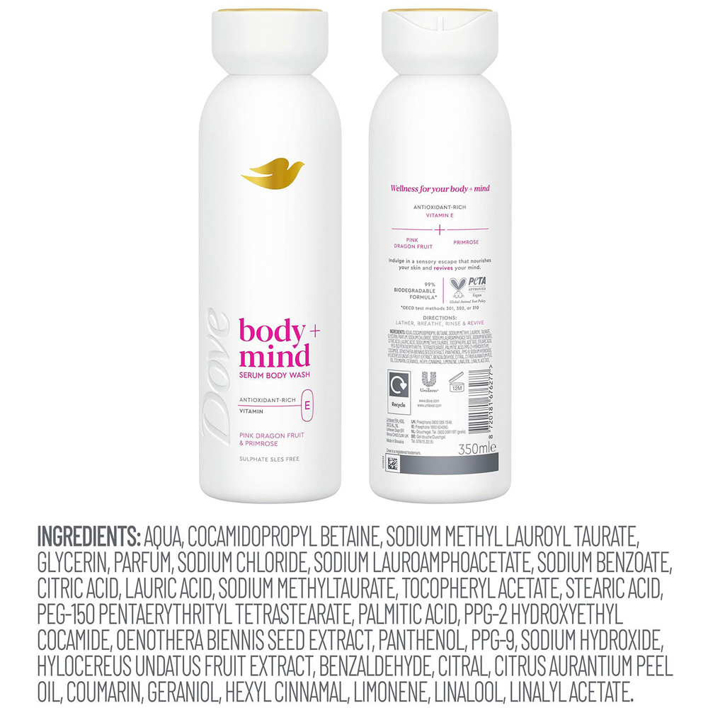 Dove Body+Mind Pink Dragon Fruit and Primrose Vitamin E Serum Body Wash 350ml 6 Pack Image 7