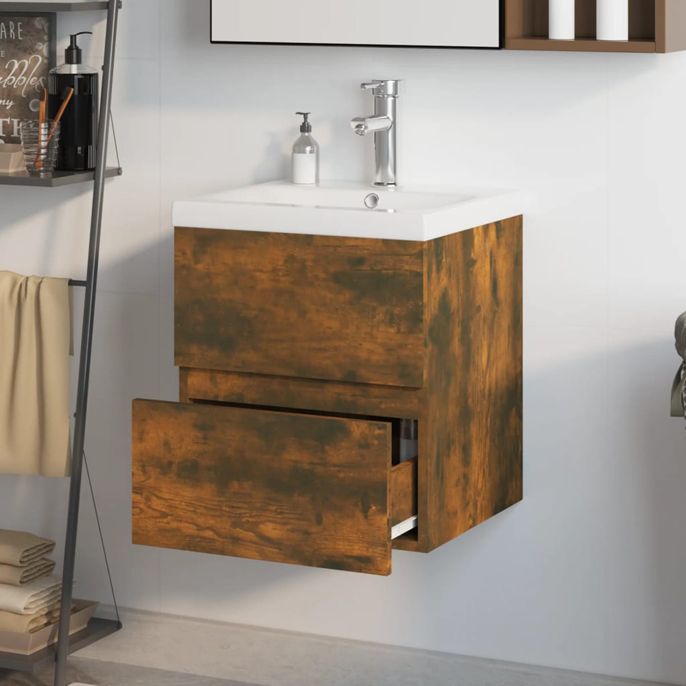 vidaXL Single Drawer Smoked Oak Wooden Wall-Mounted Sink Cabinet with Built-in Basin Image 3