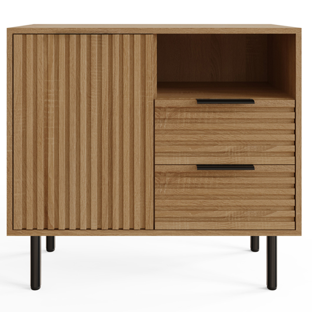 GFW Nervata Single Door 2 Drawer Single Shelf Oak and Black Ribbed Compact Sideboard Image 4